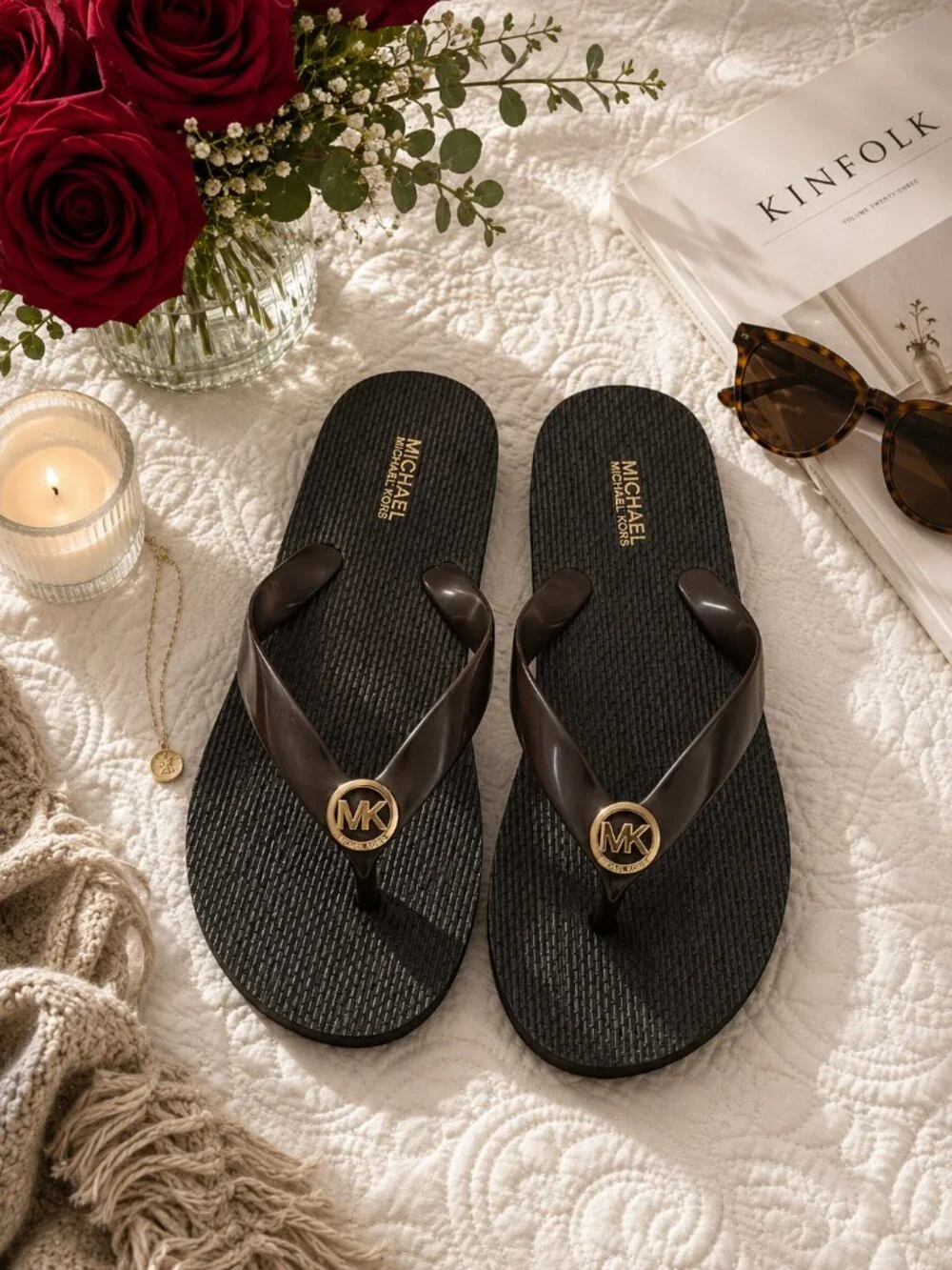 Michael Kors MK Logo Flip Flop Sandals Black Brown Gold Medallion New